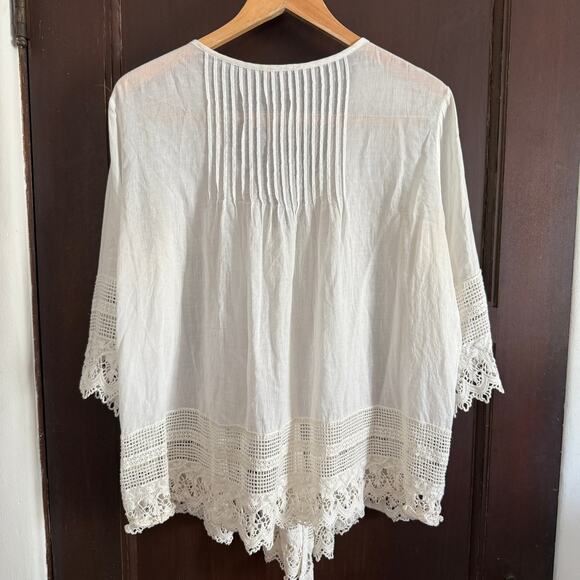 Boho White Cotton Pintuck Lace Trim Flyaway Wide Sleeve Blouse | Extra Large - Picture 5 of 5